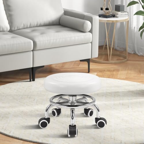 Image of KKTONER Black Roller Seat PU Leather Rolling Stools with Wheels Nail Stool for Home Work Office Shop Step Stool (White)