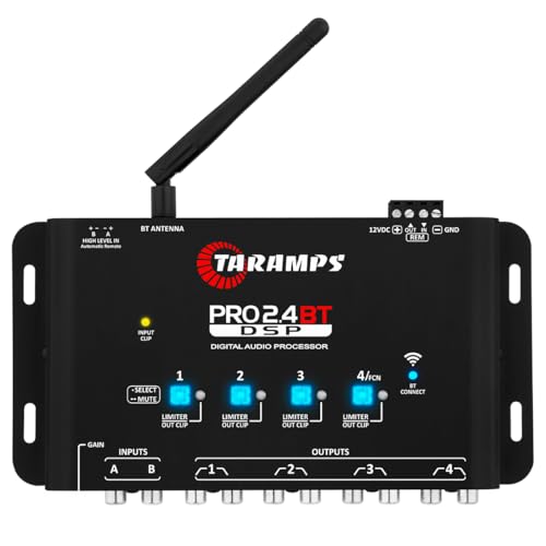 Taramps Pro 2.4 BT Bluetooth DSP Crossover Full, Digital Signal Processor, Car Audio Equalizer with App, Gain up to 9V, 15 Band Graphic Equalization, 12 preset EQ, 2 in and 4 Out, High Level Input