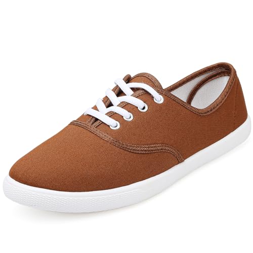 Image of Womens White Canvas Sneakers Lightweight Lace Up Fashion Comfortable Canvas Shoes Low Top Slip On Casual Tennis Walking Shoes Women Footwear