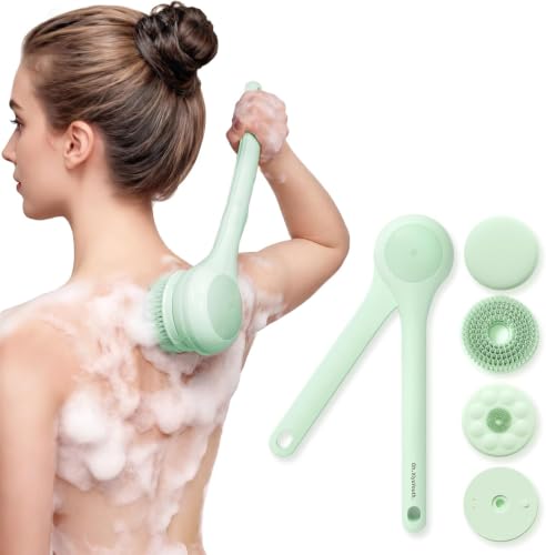 Image of Electric Body Brush, Back Scrubber for Shower with Long Dual Handle, Waterproof Power Shower Brush with 3 Interchangeable Heads & 2 Speeds for Cleansing, Exfoliating and Massage, Classic Green