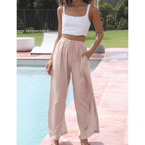 Image of Duyang Womens Cotton Linen Palazzo Pants Drawstring Elastic Waist Casual Wide Leg Trousers with Pockets