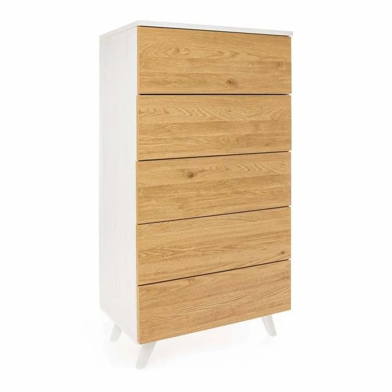 Sinfonier con 5 Cajones y con Patas, Comoda Cajonera Dormitorio, Color Roble y Blanco, 60cm (Ancho) x 118,5cm (Alto) x 37,8cm (Fondo)