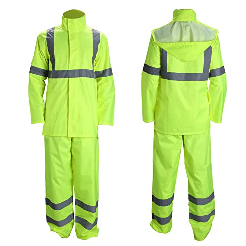 FONIRRA Class 3 High Visibility Rain Suit With Collapsible Hood Lime Reflective Safety Waterproof Worker Jacket & Pants (S/M Yellow)