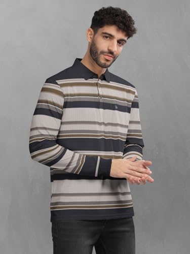 Image of BULLMER Striped Textured Printed Polo Neck Fullsleeve T-Shirt with Rib for Men