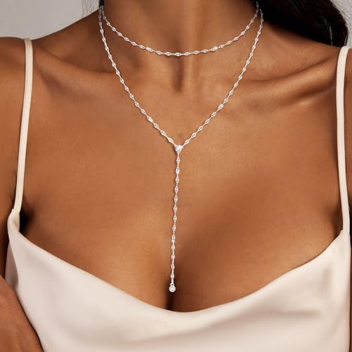 Lariat Silver/Gold Necklace for Women 925 Silver/14K Gold Plated Dainty Long Necklace Y-Shaped Drop Pendant Necklaces Choker Trendy Chain Simple Layered Necklaces CZ Jewelry for Women Set Gift4
