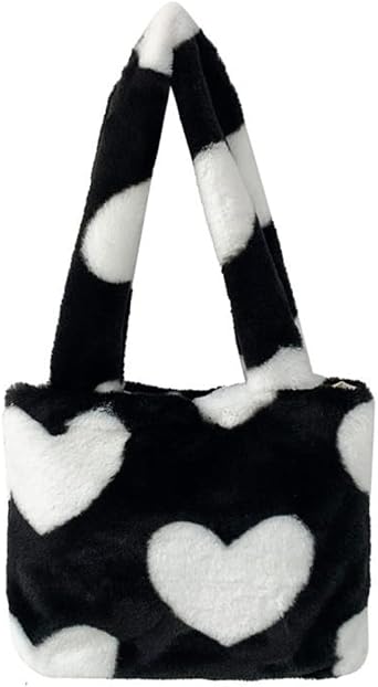 Kawaii Medium Fluffy Heart Print Handbag Pink Tote Girl Teen Women Cute Fuzzy Purse Plush Shoulder Bag Armpit Bag Y2K