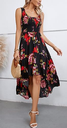 Image of Kormei Women's Casual Smocked Tank Dress Sleeveless High Low Flowy Summer Beach Tiered Loose Maxi Long Dresses XL Black /Red