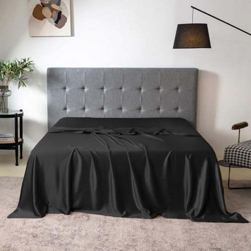 THXSILK Pure Silk Flat Sheet, 100% 7A+ Silk Bedding Flat Sheet, Ultra Soft, Breathable, Wrinkle - Free, Easy Care, 1 Flat Sheet Only, Black, King