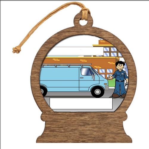 PrintedPerfection.com Personalized Service Van, Blue - Male Wooden Snow Globe Shaped Christmas Ornament