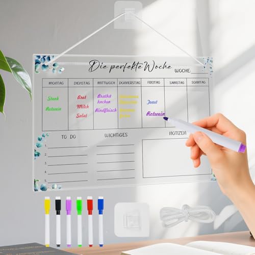 Wochenplaner Abwischbar 30 x 20CM Essensplaner Woche Abwischbar aus Acryl für Haushaltsplan mit 6 Whiteboard-Stift zum Aufhängen Wochenplaner Kühlschrank To Do Liste für Haushalt