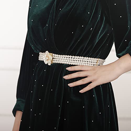 Wiwpar Elastic Pearl Belt Crystal Pearl Flower Waist Chain Sashes Belt Adjustable Rhinestone Waist Belt for Wedding Bridal Dress Belt for Women2