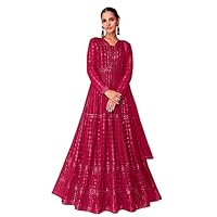 Miss Ethnik Women's Faux Georgette Full Sleeve Stitched Embroidered Ankle Length Pink Anarkali Gown with Dupatta (ME-1106-Pink-XXL)