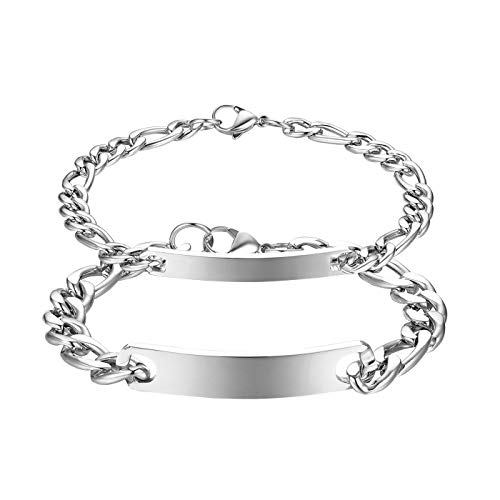 JewelryWe 2 Pièces Bracelet pour Couple, en Acier Inoxydable, Bracelet avec Lien Réglable, Bracelet Personnalisé avec Gravure (Argent, personnalisable) Cover