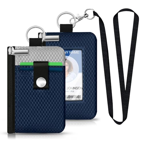 Image of Minimalist RFID Blocking Small Wallet with ID Window,WaterResistant Zip Id Case Wallet with Lanyard Keychain for Cards,Cash,Travel,Women,Men (Dark Blue /Light Gray)