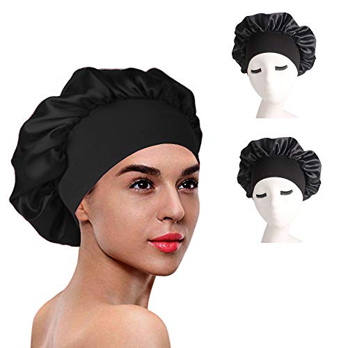 3 Packs Satin Bonnet For Black Women Soft Sleeping Cap Salon Night Hat Hair Loss Chemo Caps for Black Women (Black 3 Pack)