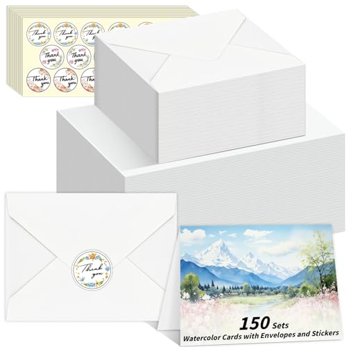 UZLU 150 Pack Watercolor Cards with Envelopes and Stickers 5x7 Inches Watercolor Paper Cards 140lb/300GSM Foldable Watercolor Postcards with Envelopes for Birthday Wedding Christmas New Year