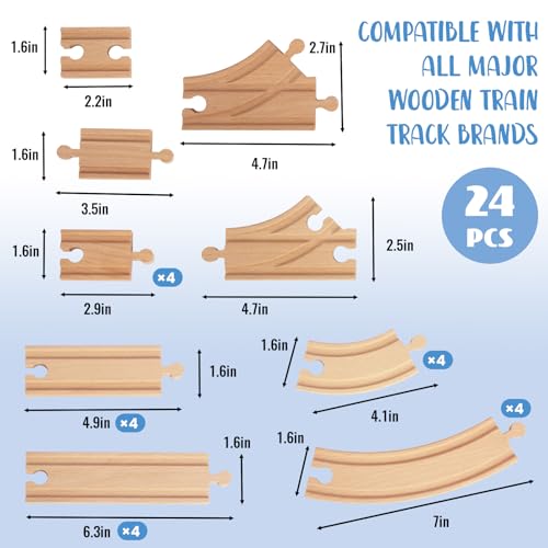 wooden train tracks 24 piece set track expansion and 9 distinct pieces - 100 compatible with all major brands including thomas wooden railway system