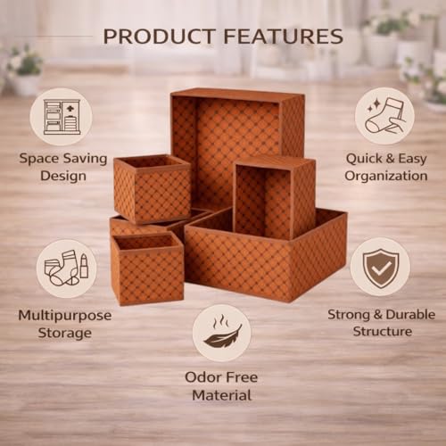 Image of PulGos 6pcs Foldable Drawer Organizer | Closet Storage Bins | Cube Basket Box for Clothes, Wardrobe, Undergarments, Socks & Accessories | Sturdy Fabric Organiser Set for Home & Bedroom