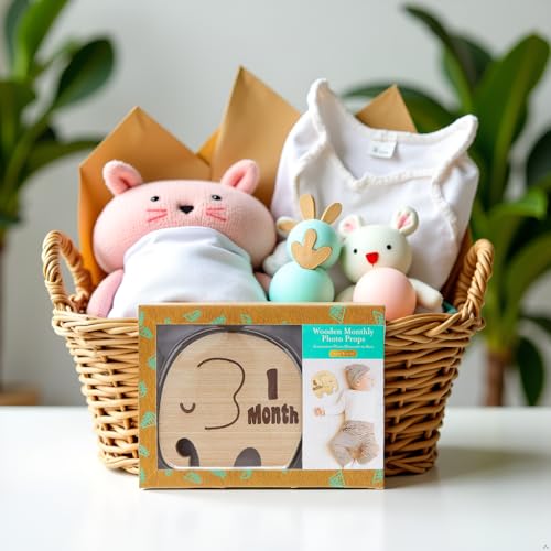 Image of Kate & Milo Wooden Milestone Props, Baby Monthly Photo Discs, Newborn Keepsake Photos, New and Expecting Parents Gift, Elephant