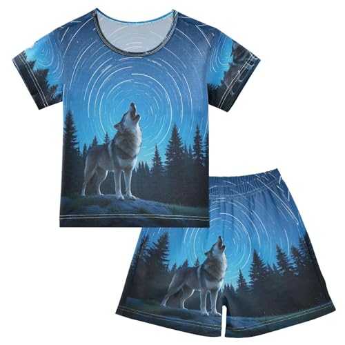 ALAZA Wolf Starry Sky Howling Pajamas Set Short Sleeve Cotton Sleepwear Summer Pjs 2 Piece 5-14Y