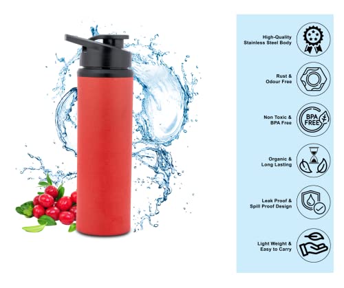Image of KLASSI KICHEN Stainless Steel Sports /Fridge Water Bottle, 750 ml, Coco Red, Chromo Xtreme with Sipper & Cap | Eco-Friendly & Leak-Proof Water Bottle (Pack of 2)