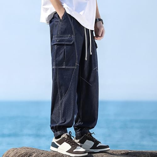 XYXIONGMAO Men's Blue Washed Multi-Pocket Loose Cargo Pants Functional Hip Hop Techwear Casual Jeans Streetwear Slacks2