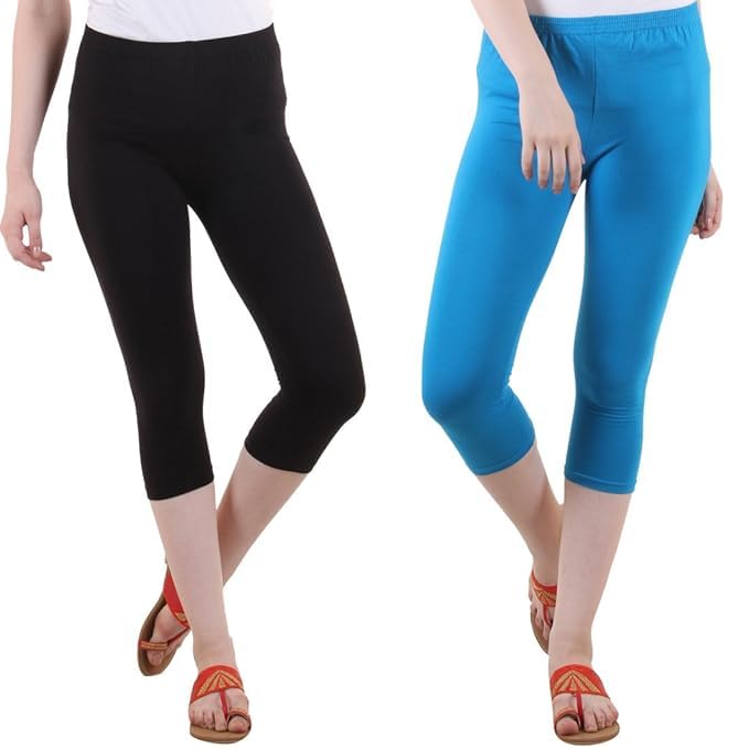 Image of DIAZ Women Cotton Stretchable Capri | Slim /Regular Fit | Breathable Yoga, Gym & Lounge Wear | Mid-Waist Stretchable 3 /4 Length Leggings with Wide Waistband - Pack of 1