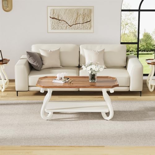 Allstand FAST0069ABRUSY French Country Farmhouse Coffee Table, Wood Tray Top Rustic Coffee Table, Anti-Fall, Accent Table With Storage, Carved Legs, Rectangle Vintage White Coffee Tables For Living Room thumb #2