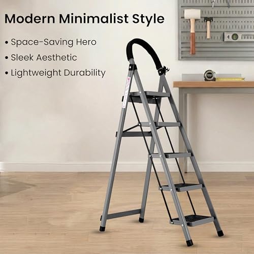 Image of Casa Copenhagen Grey 5 Step Ladder for Home Use with Built-in Tool Tray | Heavy Duty D Shape Rods | Ultra Large Platform | Wide Rubber Feet |150Kg Capacity Foldable Ladder - 7 Years Warranty