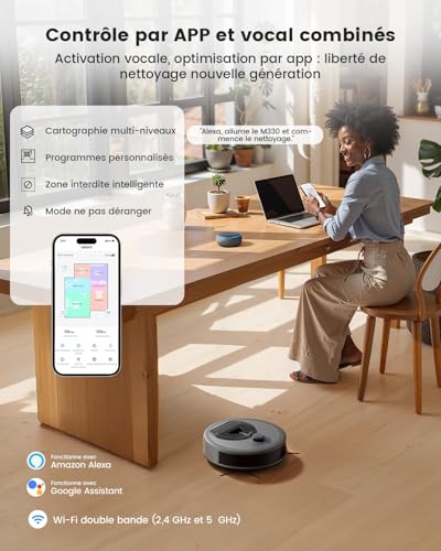 Lefant M330 Robot Aspirateur Laveur 3 en 1, Aspirateur Robot 5000Pa d'Aspiration, Navigation dToF, Cartographie, Zones Virtuelles, Évitement d'obstacles PSD, 150min, Connecté par Alexa/APP/WiFi,Gris