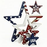 Funnymoom 4 Pcs Patriotic Table Decorations Centerpieces 4th of July Star Wooden Signs Rustic Double-sided Independence Day Red White Blue Stars for Tiered Tray Mantle Kitchen Shelf Memorial Day Decor