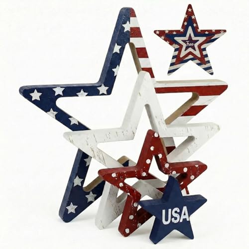 Funnymoom 4 Pcs Patriotic Table Decorations Centerpieces 4th of July Star Wooden Signs Rustic Double-sided Independence Day Red White Blue Stars for Tiered Tray Mantle Kitchen Shelf Memorial Day Decor