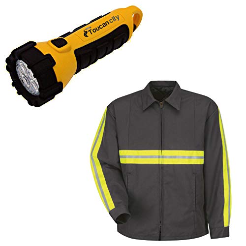 Toucan City LED Flashlight and Red Kap Men's Large Charcoal with Striping Enhanced Visibility Perma-Lined Panel Jacket JT50EC RG L