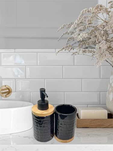 Kit Lavabo Bambu Conjunto Banheiro 2 Peças Acessórios Dispensador Sabonete Líquido Porta Escova Deco