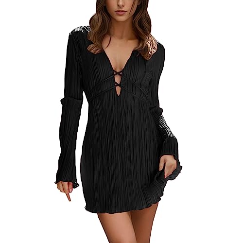 Vestido de fiesta de graduación para mujer, elegante, manga larga de pagoda, cintura alta, fiesta, noche, lentejuelas, invitada de boda, Negro, S