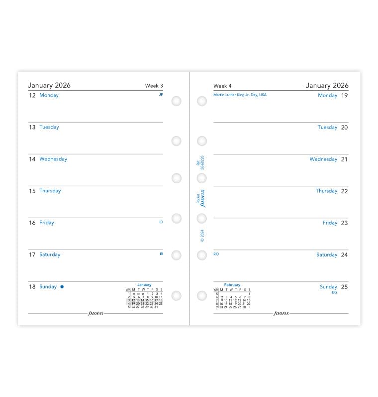 Filofax Taschenkalender 2026, 1 Woche auf einer Seite, Nachfüllpackung, Englisch, 8,9 cm x 12 cm