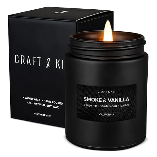 Craft & Kin Premium Smoke & Vanilla Candle | Black Scented Candles for Men | Long Lasting with 45 Hour Burn Time, 7.6oz | Made with Soy | Aromatherapy at Home | Gifts for Men