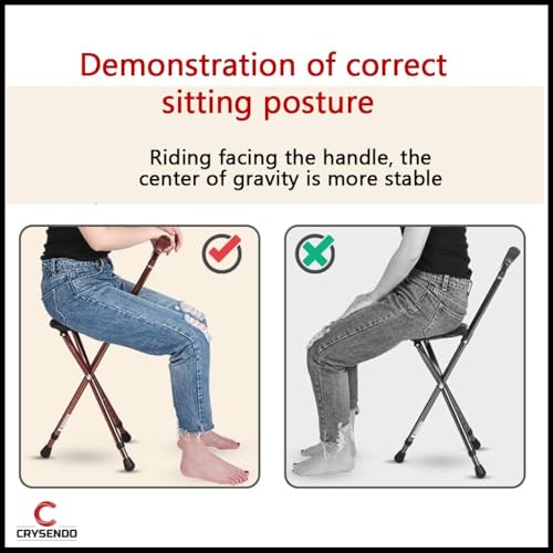 Image of Crysendo Height Adjustable Portable Walking Stick Chair with LED for Elders | Durable & Folding Cane Stool | Easy to Carry Chair Travel Hiking Hand Stick Cum Stool (Battery Included, Brown)