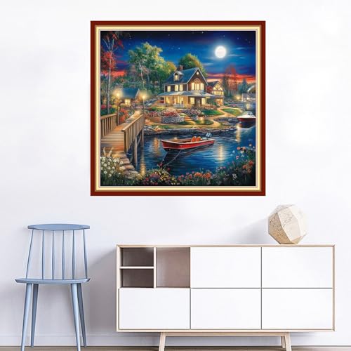 Image of Joyhoor Cross Stitch Kits for Beginners Stamped Cross-Stitch Supplies Needlework preprint Embroidery Kits for Adults DIY Needlepoint Kits Embroidery Patterns 11CT-Night Moon Home 18x18 inchs
