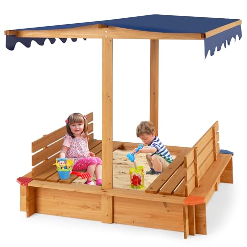 COSTWAY Arenero Infantil de Madera con Toldo, Caja de Arena de Madera para Niños con 2 Bancos de Asiento Convertibles, Esquinas Protectoras, Diseño sin Fondo con Revestimiento, para Césped Playa