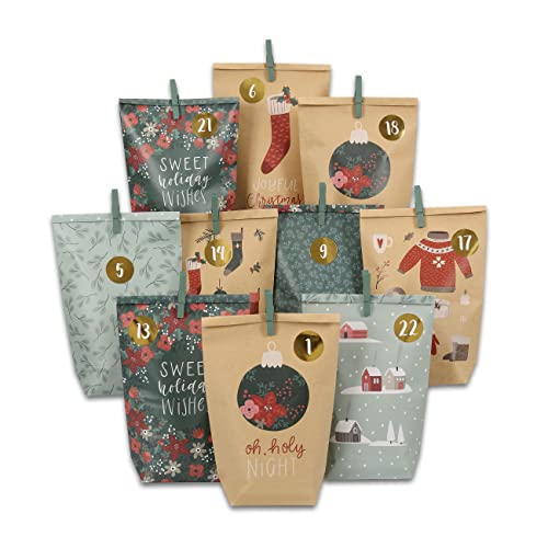 Papierdrachen Adventskalender 2025 zum Befüllen - 24 Papiertüten in Grün & Braun mit Zahlenaufklebern & Klammern - DIY Bastelset für Weihnachten