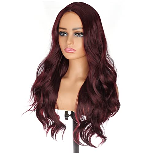 PORSMEER Long Dark Red Wigs for Women with Middle Part Natural Looking Loose Wave Wig Heat Resistant Synthetic Hair Burgundy Wig for Ladies Daily Wear or Party,26inch - Image 4