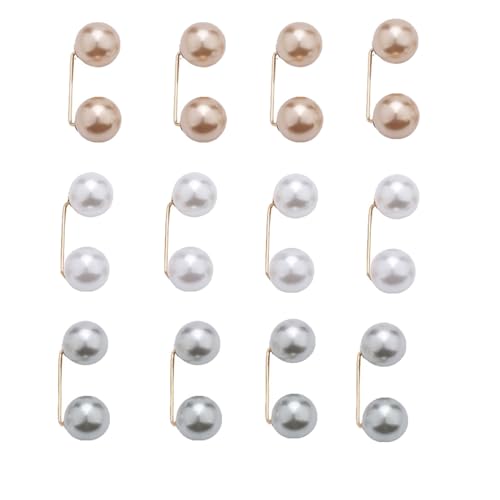 Image of 12 Pack Brooch Pins Artificial Pearl Safety Pins Anti-exposure Neckline Sweater Shawl Clips with Double End Decorative Pearls Cardigan Collar Holder for Women Wedding Dress Blouse V-line Tops