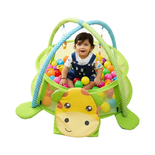 Image of Amazon Brand - Supples Baby Play Gym Pool | Activity Play Gym for Baby with Hanging Toys and 30 Colorful Balls | 3-in-1 Ball Pit, Mat & Gym | Giraffe Print | Multicolor | Baby Bedding for 2+ Months