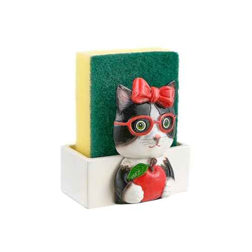 Baroni Home Porte-éponge de cuisine, porte-éponge pour évier de cuisine, éponge à vaisselle incluse, chat avec nœud, 8 x 5,5 x 12 cm