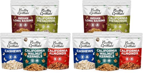 Image of Nutty Gritties Mixed Dry Fruits Combo, 1Kg | California Almonds, Cashews Nuts, Long Green Raisins, California Walnuts Kernels, Roasted Salted Pistachios Pista | Resealable Pouch - (200g Each)