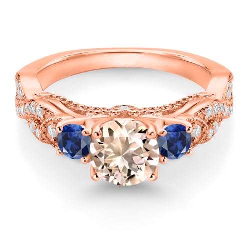 Gem Stone King 18K Rose Gold Plated Silver Peach Morganite Blue Created Sapphire and White Moissanite Engagement Ring For Women (1.15 Cttw, Gemstone October Birthstone, Round 6MM and 3MM)3