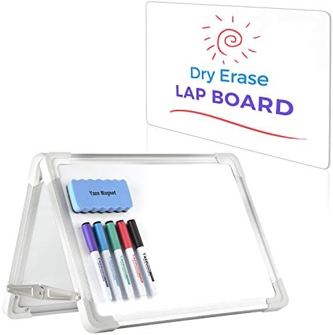 Magnetic Dry Erase White Board for Kids with Lap Board | Small Foldable Whiteboard Easel for Desktop | 16x12" with 5 Markers & Eraser | Stain Resistant Surface | Double-Sided Portable Mini Board