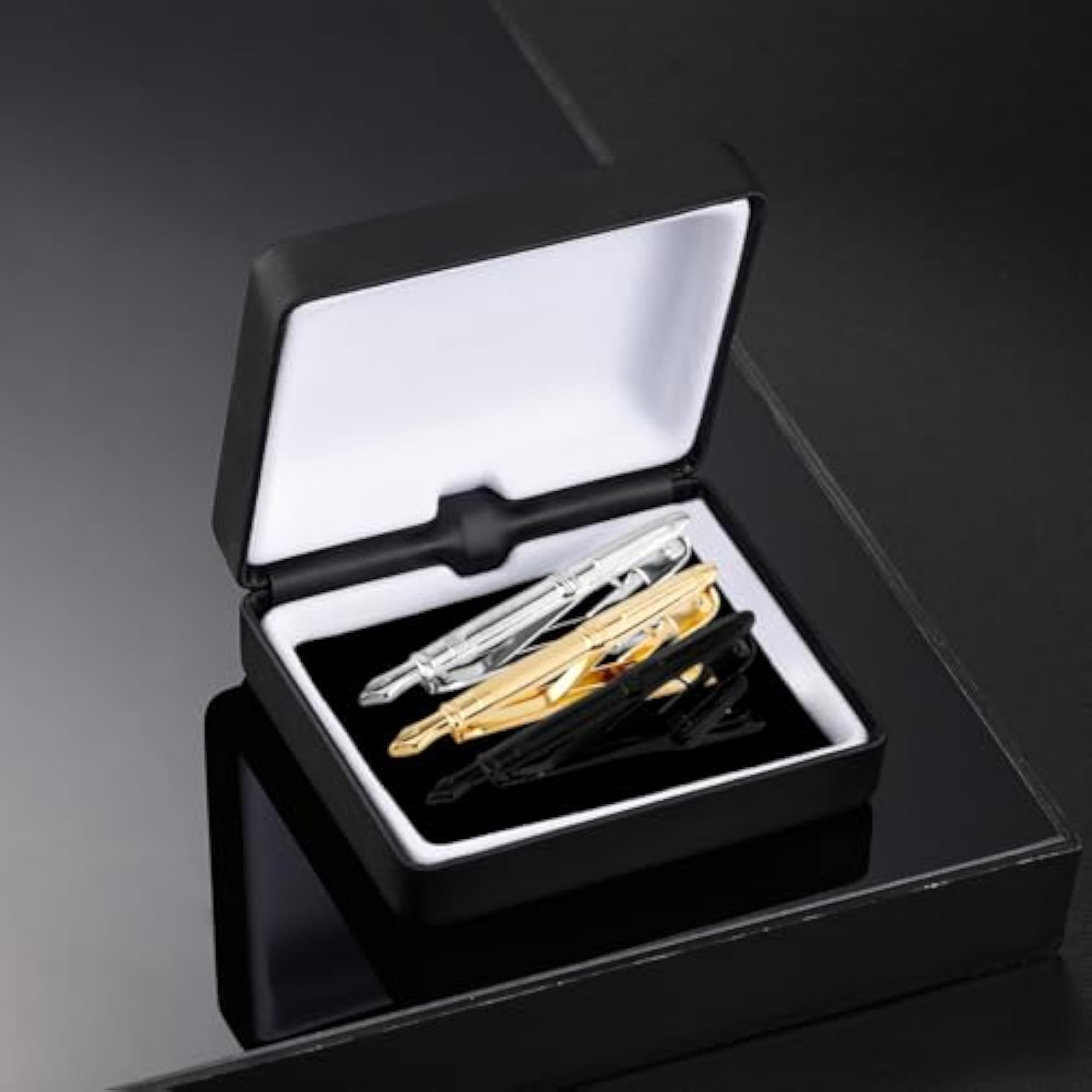 Men's Gold, Silver & Black Tie Pin Clip Set of 3, Gift Box