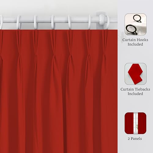 Image of Triple Pinch Pleated Blackout Curtains Thermal Insulated Room Darkening Curtains for Bedroom /Livingroom Pack of 2 Panels, Tiebacks, Hooks (Red)